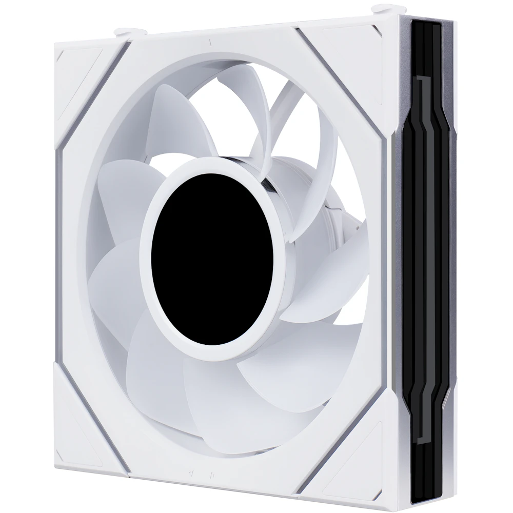 A large main feature product image of Lian LIi UNI FAN SL120 INF LCD FLEX - 120mm Modular Wireless PWM Reverse Blade Fan (White)