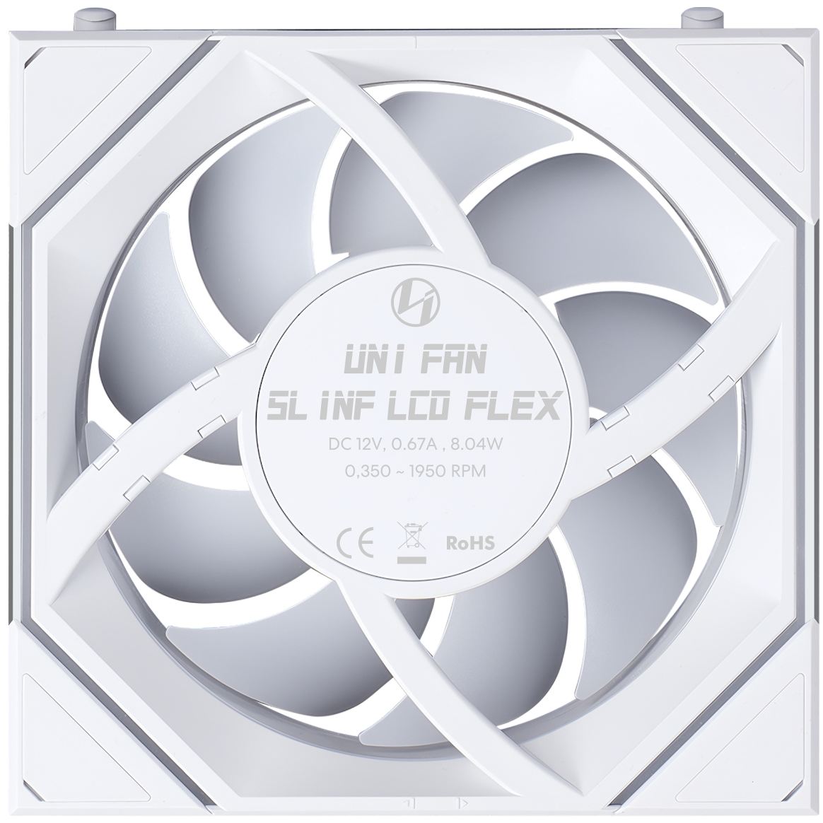 A large main feature product image of Lian LIi UNI FAN SL120 INF LCD FLEX - 120mm Modular Wireless PWM Reverse Blade Fan (White)