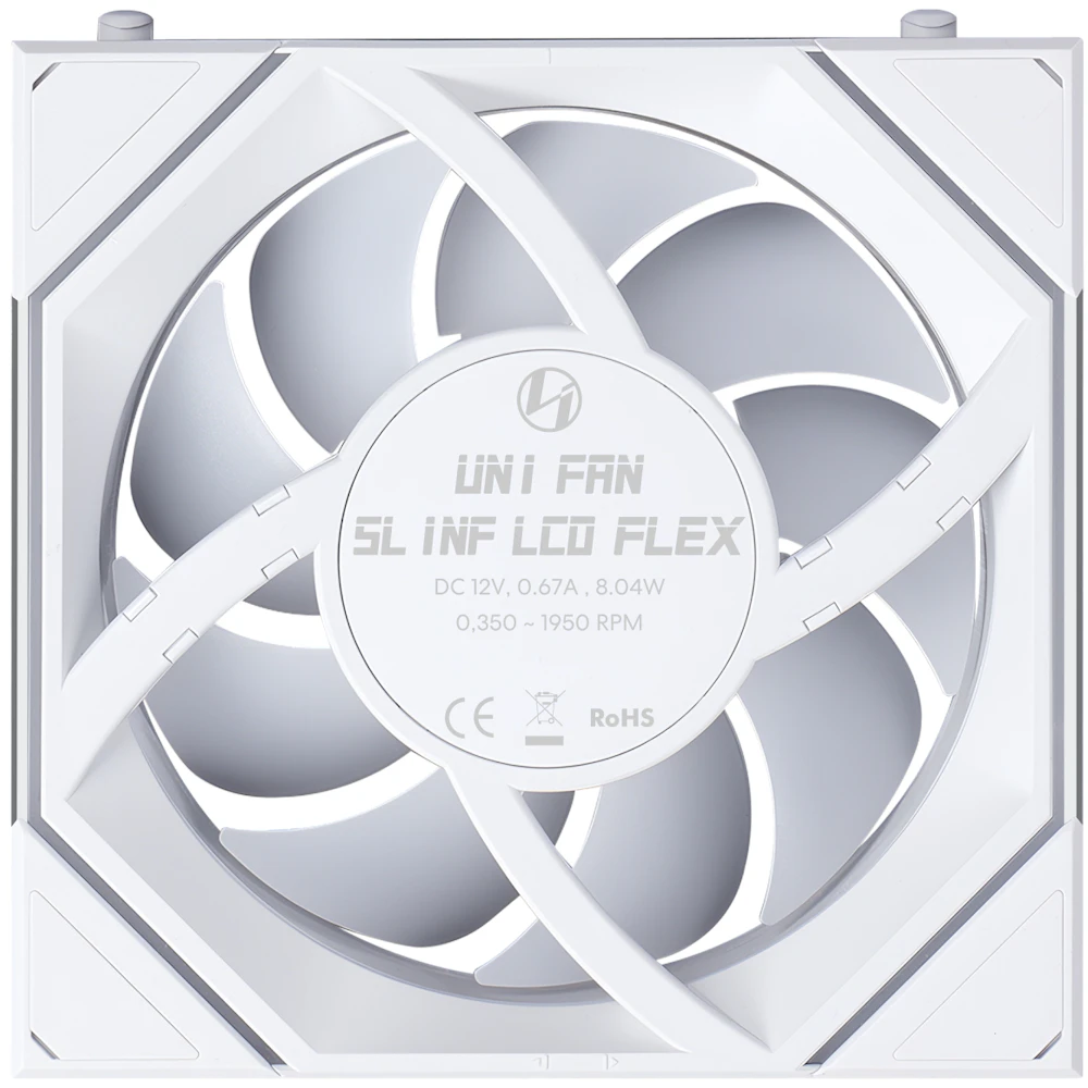 A large main feature product image of Lian LIi UNI FAN SL120 INF LCD FLEX - 120mm Modular Wireless PWM Reverse Blade Fan (White)