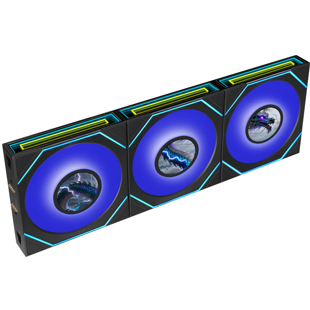 A large main feature product image of Lian Li UNI FAN SL120 INF LCD FLEX - 120mm Modular Wireless PWM Reverse Blade Fan 3-Pack (Black)
