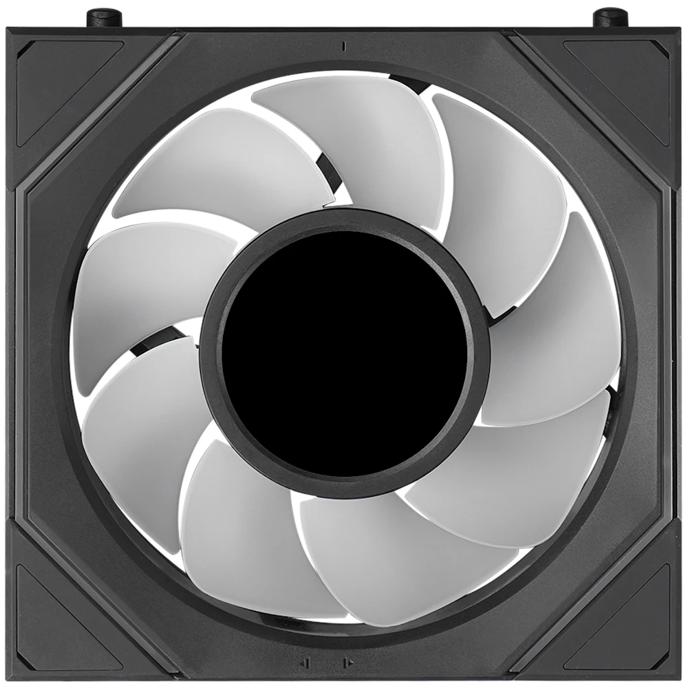 A large main feature product image of Lian Li UNI FAN SL120 INF LCD FLEX - 120mm Modular Wireless PWM Reverse Blade Fan 3-Pack (Black)
