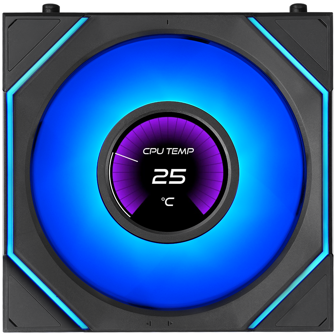 A large main feature product image of Lian Li UNI FAN SL120 INF LCD FLEX - 120mm Modular Wireless PWM Reverse Blade Fan 3-Pack (Black)