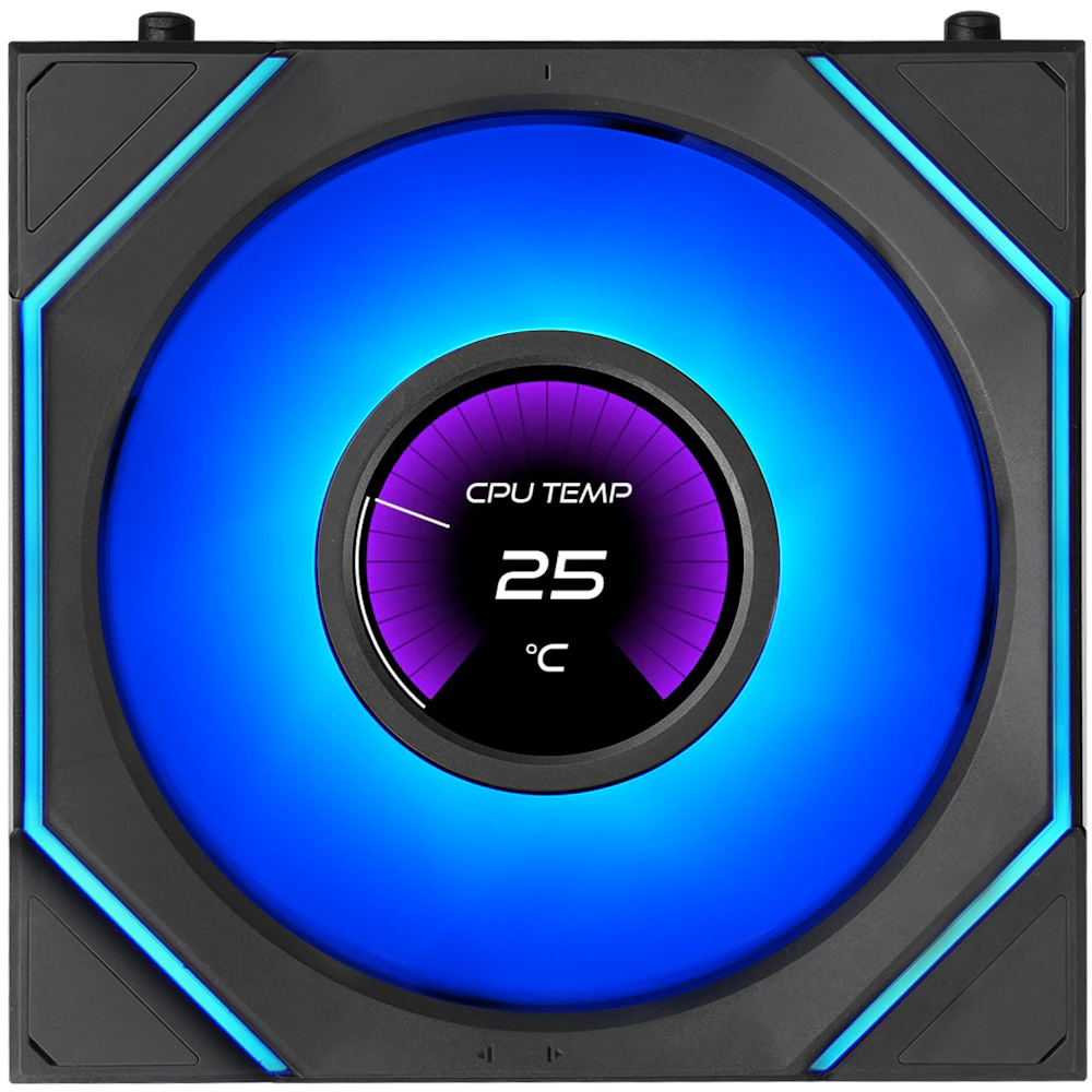 A large main feature product image of Lian Li UNI FAN SL120 INF LCD FLEX - 120mm Modular Wireless PWM Reverse Blade Fan 3-Pack (Black)