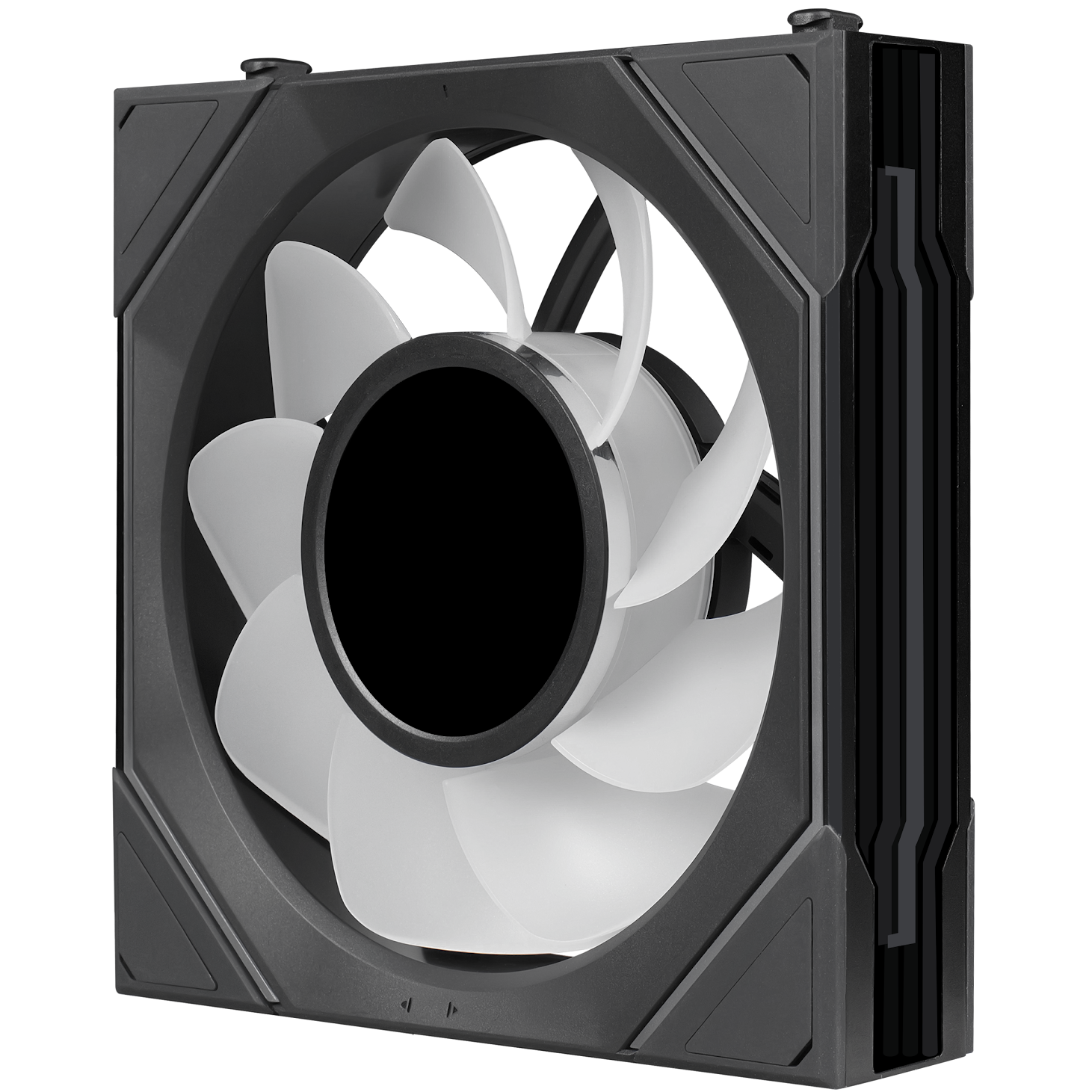 A large main feature product image of Lian Li UNI FAN SL120 INF LCD FLEX - 120mm Modular Wireless PWM Reverse Blade Fan 3-Pack (Black)