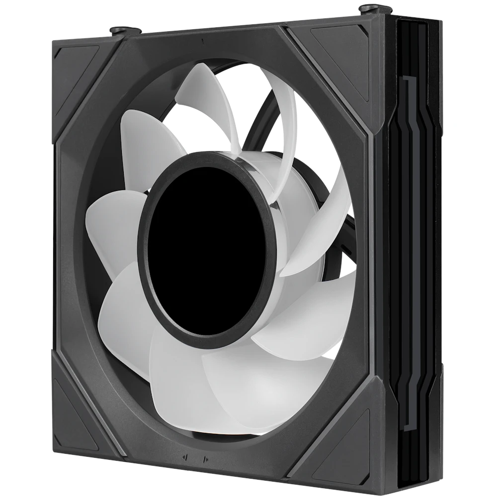 A large main feature product image of Lian Li UNI FAN SL120 INF LCD FLEX - 120mm Modular Wireless PWM Reverse Blade Fan 3-Pack (Black)