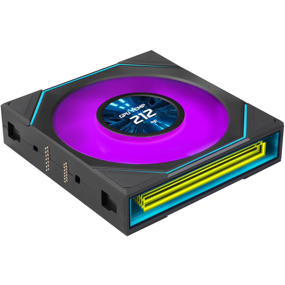 A large main feature product image of Lian Li UNI FAN SL120 INF LCD FLEX - 120mm Modular Wireless PWM Reverse Blade Fan 3-Pack (Black)