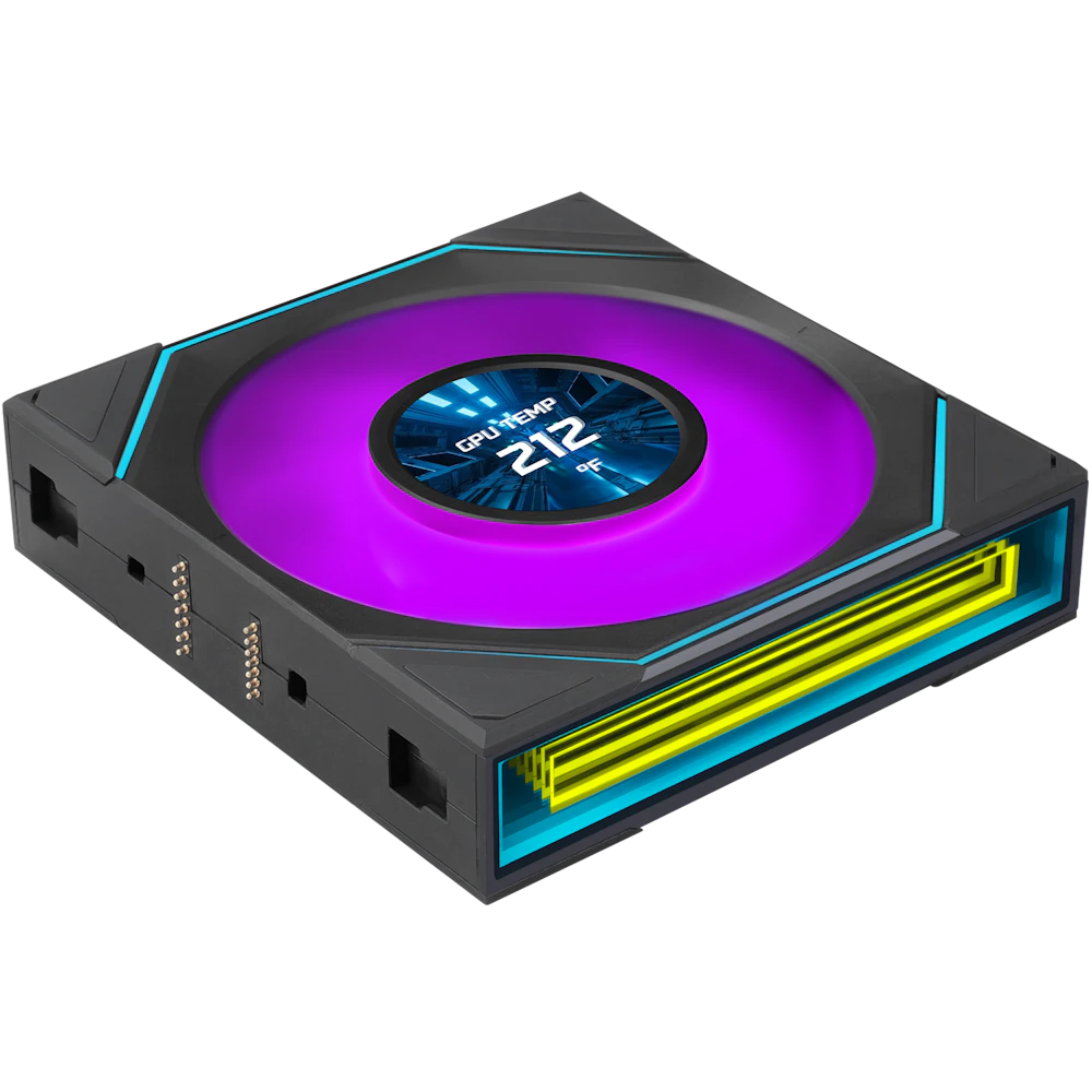 A large main feature product image of Lian Li UNI FAN SL120 INF LCD FLEX - 120mm Modular Wireless PWM Reverse Blade Fan 3-Pack (Black)