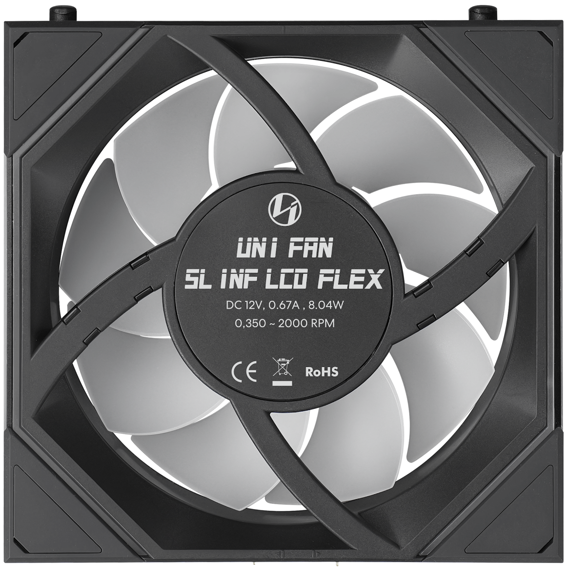 A large main feature product image of Lian Li UNI FAN SL120 INF LCD FLEX - 120mm Modular Wireless PWM Reverse Blade Fan 3-Pack (Black)