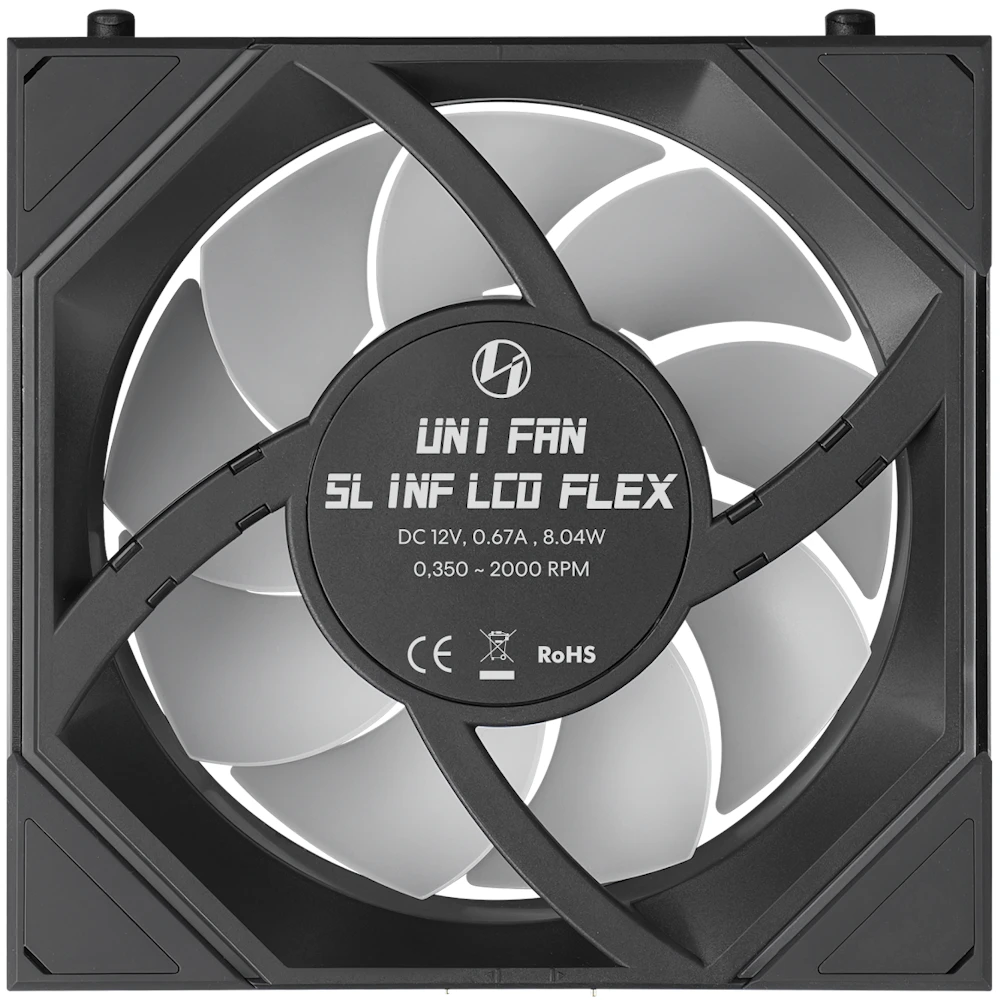A large main feature product image of Lian Li UNI FAN SL120 INF LCD FLEX - 120mm Modular Wireless PWM Reverse Blade Fan 3-Pack (Black)