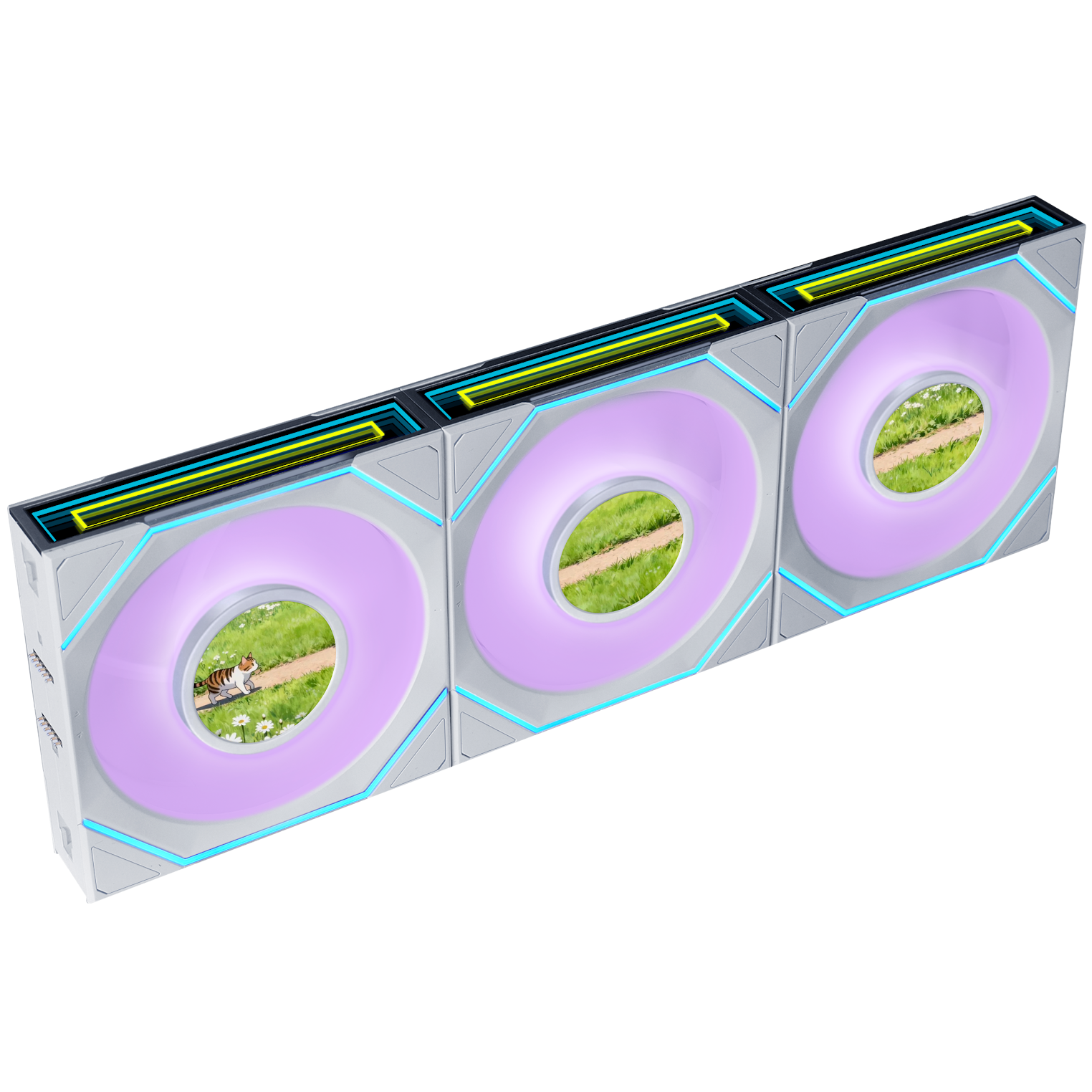 A large main feature product image of Lian Li UNI FAN SL120 INF LCD FLEX - 120mm Modular Wireless PWM Reverse Blade Fan 3-Pack (White)