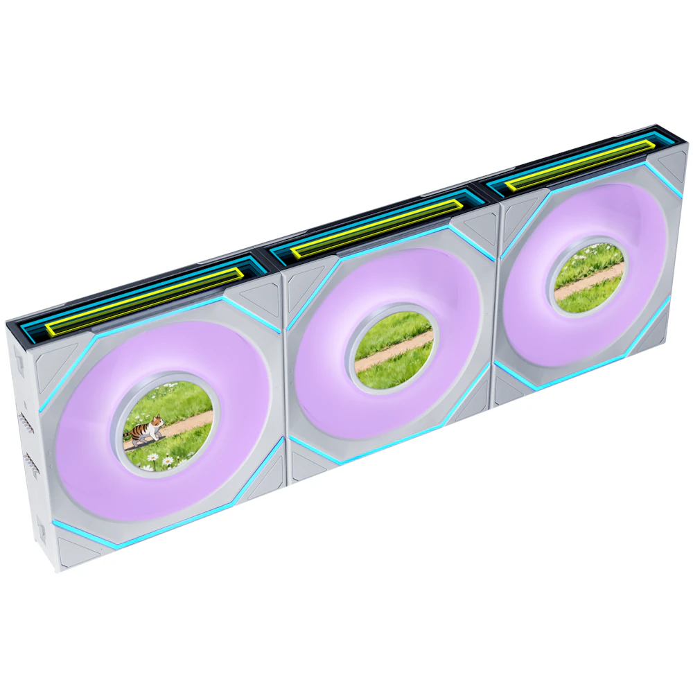 A large main feature product image of Lian Li UNI FAN SL120 INF LCD FLEX - 120mm Modular Wireless PWM Reverse Blade Fan 3-Pack (White)