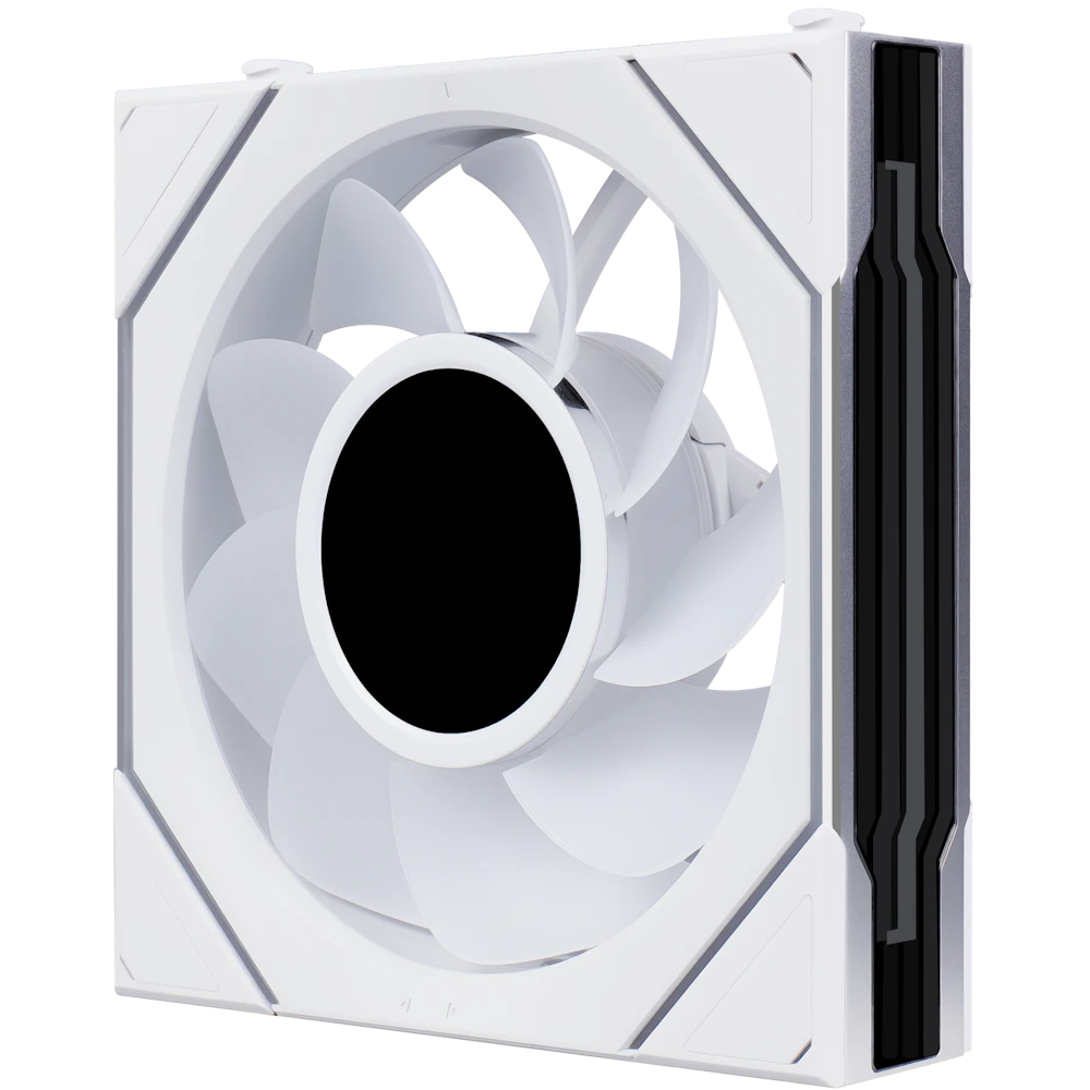 A large main feature product image of Lian Li UNI FAN SL120 INF LCD FLEX - 120mm Modular Wireless PWM Reverse Blade Fan 3-Pack (White)