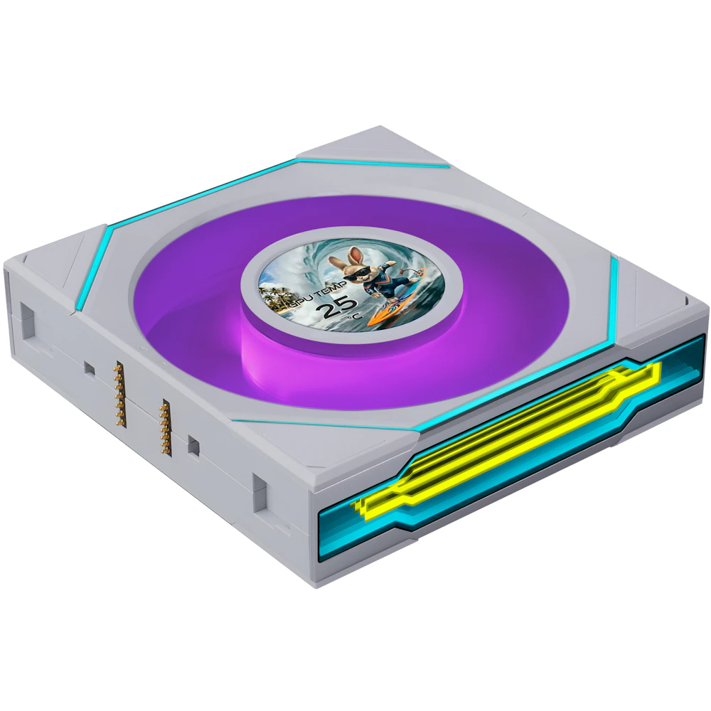A large main feature product image of Lian Li UNI FAN SL120 INF LCD FLEX - 120mm Modular Wireless PWM Reverse Blade Fan 3-Pack (White)