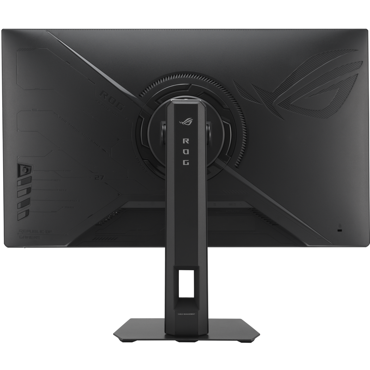 A large main feature product image of EX-DEMO ASUS ROG Strix XG27ACMES - 27" 1440p 255Hz 0.3ms Fast-IPS Gaming Monitor - Black