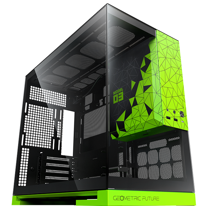 A large main feature product image of Geometric Future Model 3 - Micro Tower Glass Case (Black/Green)