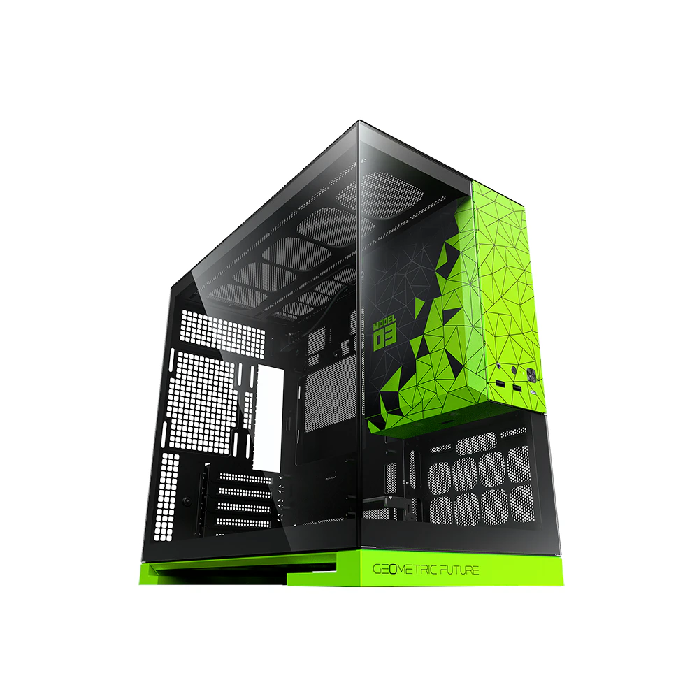 A large main feature product image of Geometric Future Model 3 - Micro Tower Glass Case (Black/Green)