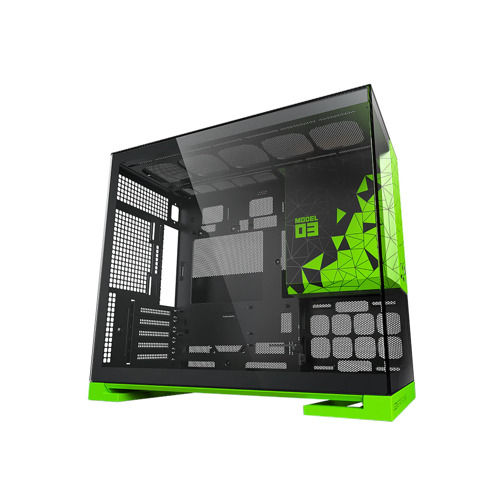 A large main feature product image of Geometric Future Model 3 - Micro Tower Glass Case (Black/Green)
