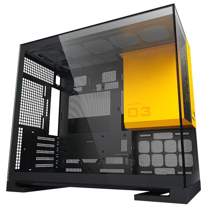 A large main feature product image of Geometric Future Model 3 - Micro Tower Glass Case (Black/Yellow)