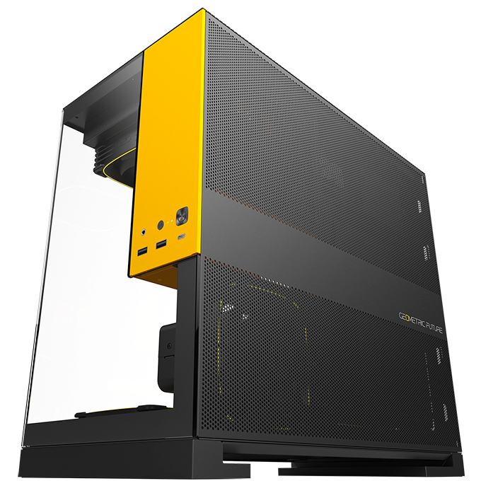 A large main feature product image of Geometric Future Model 3 - Micro Tower Glass Case (Black/Yellow)