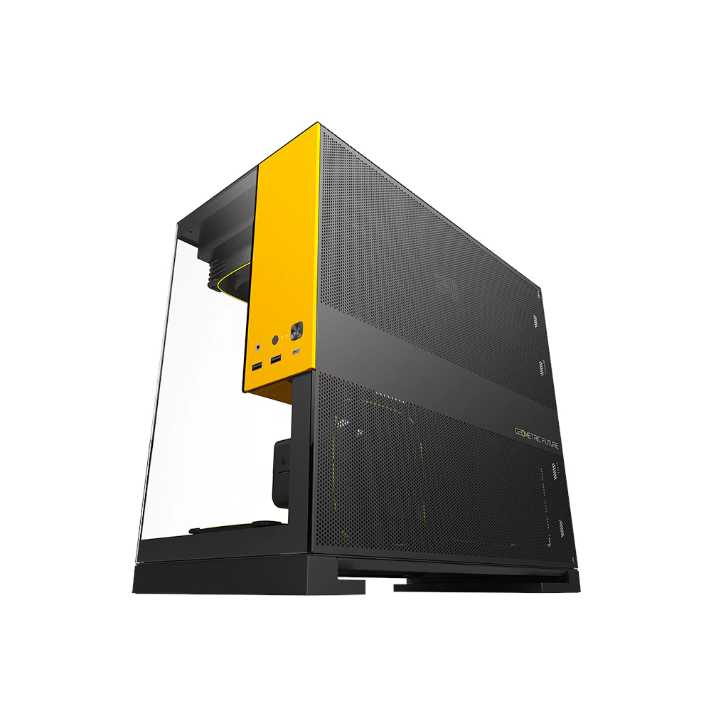 A large main feature product image of Geometric Future Model 3 - Micro Tower Glass Case (Black/Yellow)