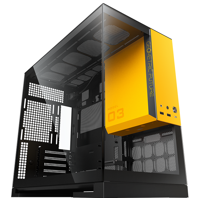 A large main feature product image of Geometric Future Model 3 - Micro Tower Glass Case (Black/Yellow)