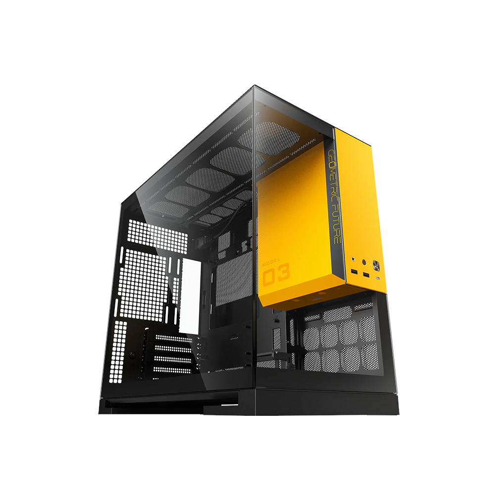 A large main feature product image of Geometric Future Model 3 - Micro Tower Glass Case (Black/Yellow)