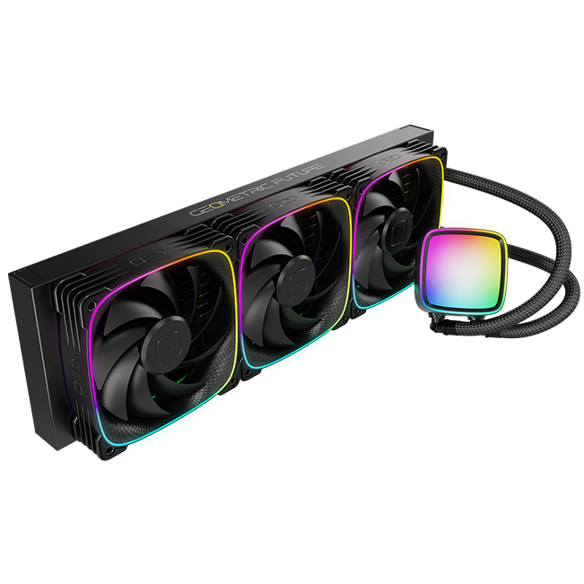 A large main feature product image of Geometric Future Eskimo Plus 360mm ARGB AIO Liquid CPU Cooler w/ 30mm Fans (Black)