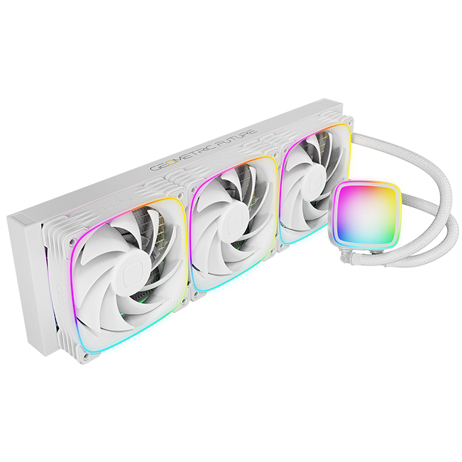 A large main feature product image of Geometric Future Eskimo Plus 360mm ARGB AIO Liquid CPU Cooler w/ 30mm Fans (White)