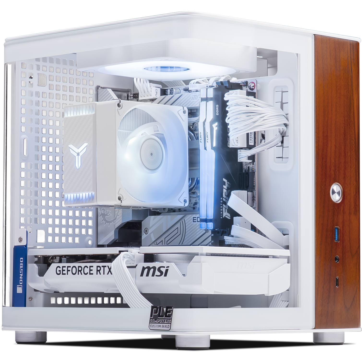 A large main feature product image of PLE Storm RTX 5060 TI Prebuilt Ready To Go Gaming PC