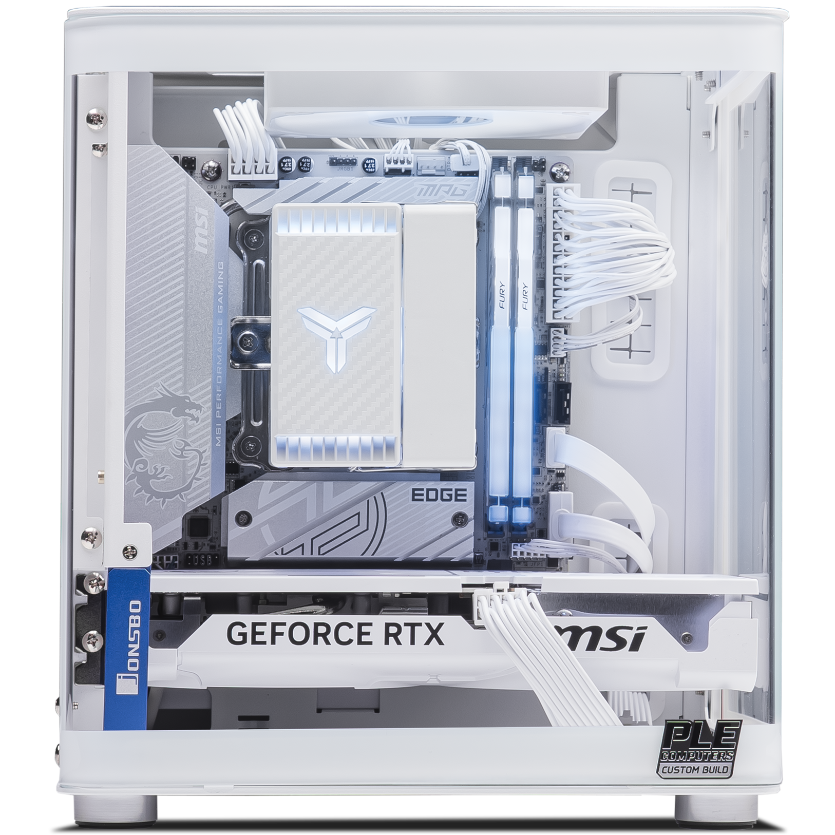 A large main feature product image of PLE Storm RTX 5060 TI Prebuilt Ready To Go Gaming PC