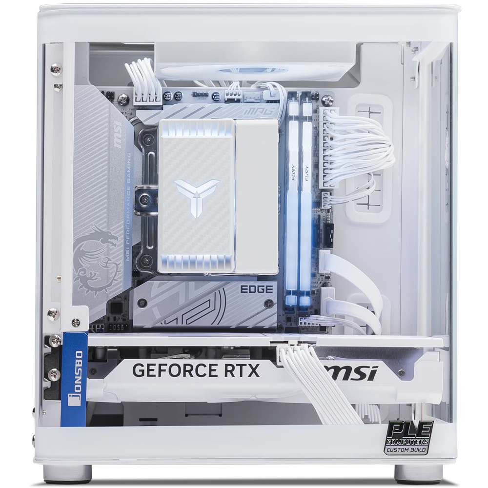 A large main feature product image of PLE Storm RTX 5060 TI Prebuilt Ready To Go Gaming PC