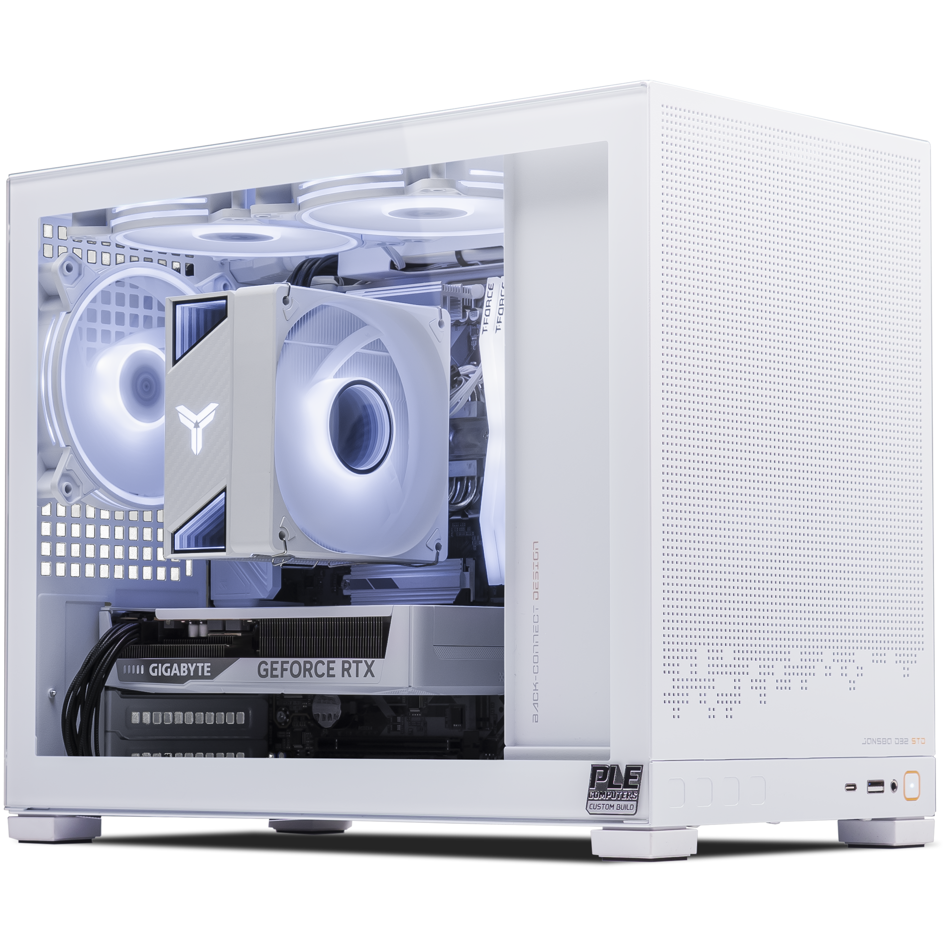 A large main feature product image of PLE Frost RTX 5060 Prebuilt Ready To Go Gaming PC