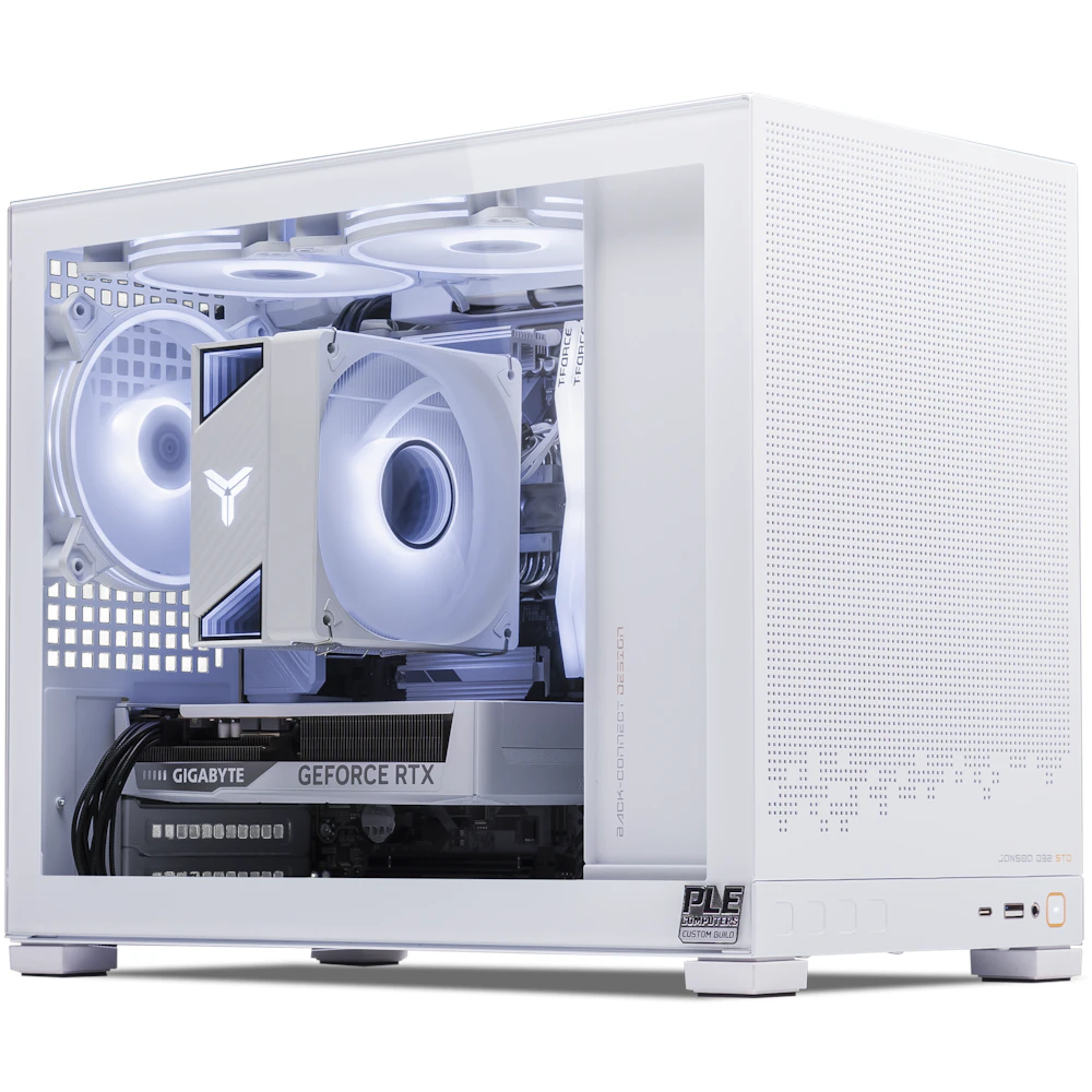 A large main feature product image of PLE Frost RTX 5060 Prebuilt Ready To Go Gaming PC
