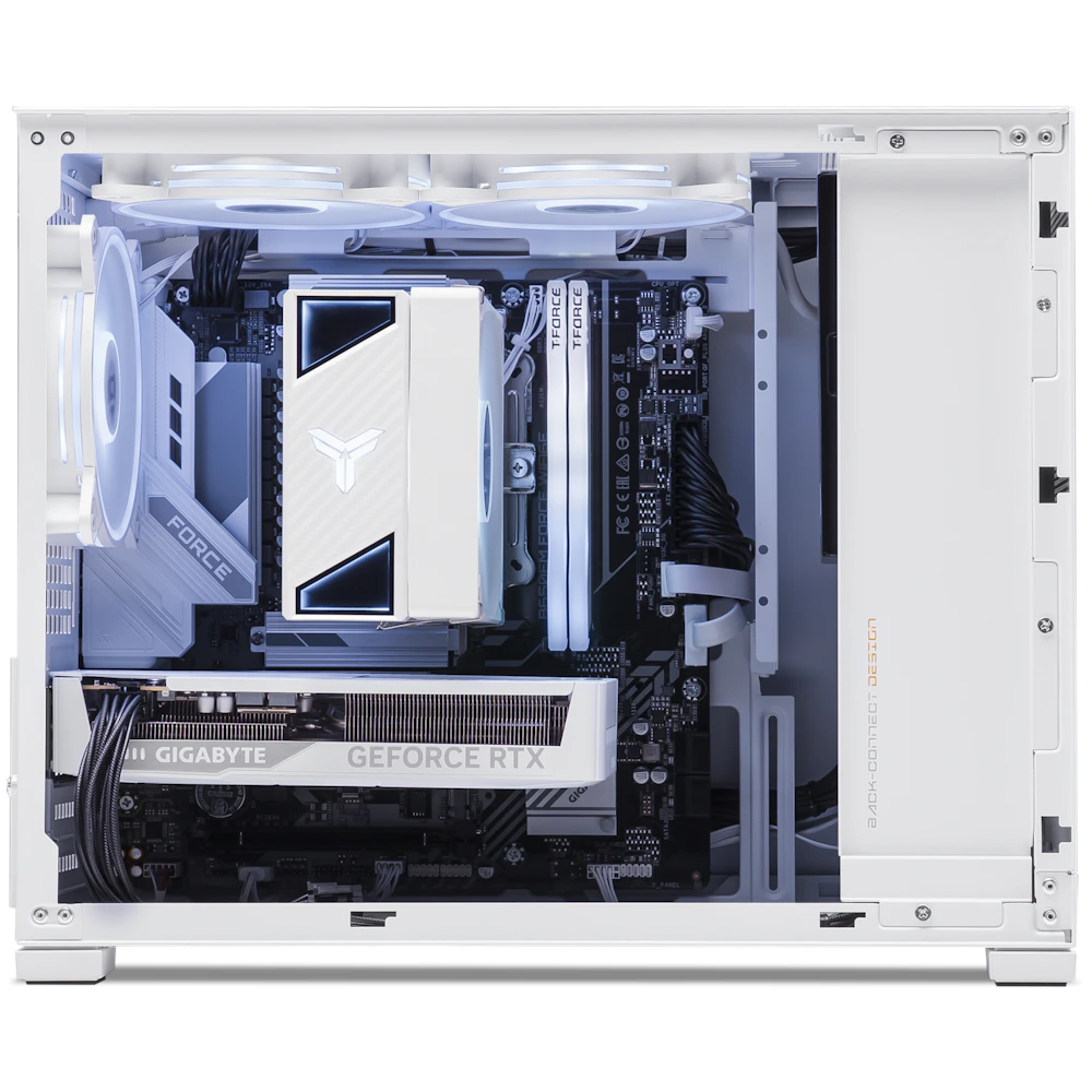 A large main feature product image of PLE Frost RTX 5060 Prebuilt Ready To Go Gaming PC