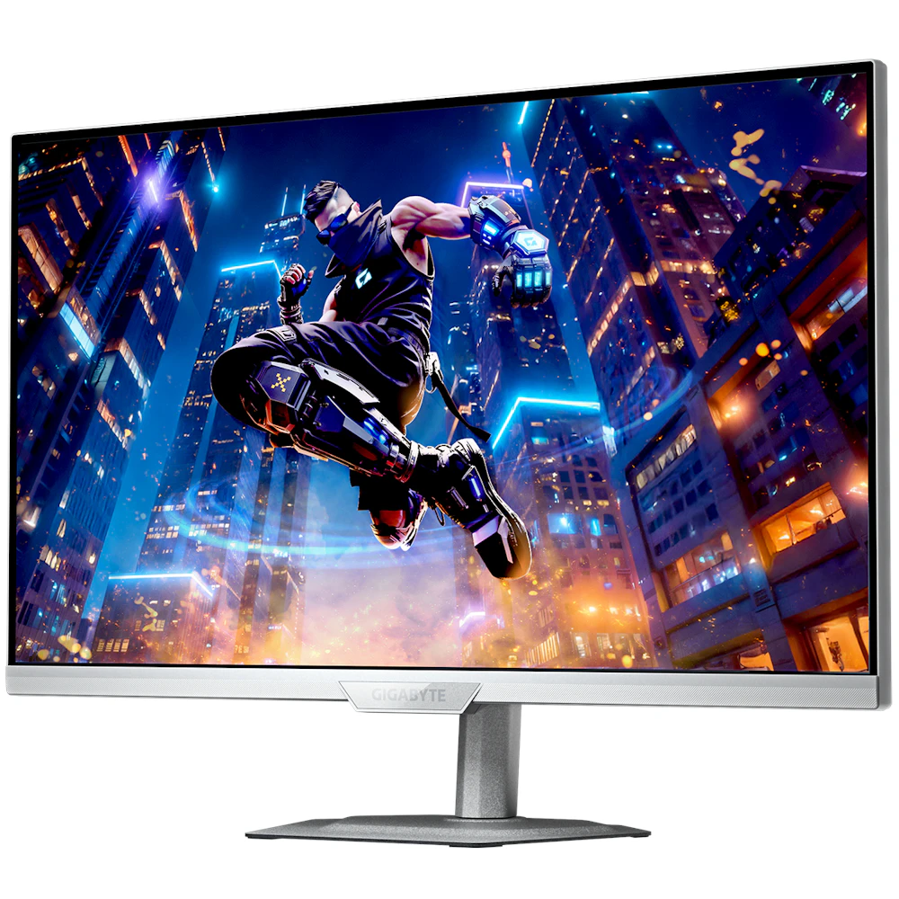 A large main feature product image of Gigabyte M27UP ICE - 27" 4K 160Hz / 24" 1080p 320Hz Dual Mode IPS Gaming Monitor (White)