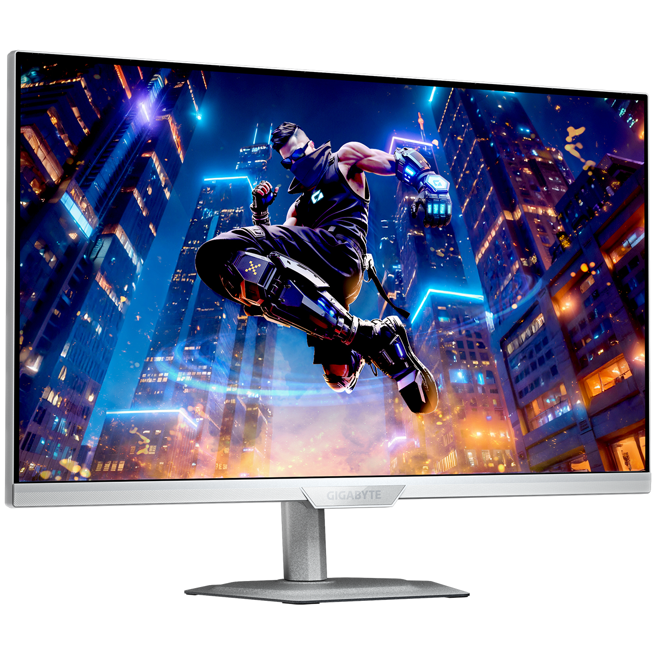 A large main feature product image of Gigabyte M27UP ICE - 27" 4K 160Hz / 24" 1080p 320Hz Dual Mode IPS Gaming Monitor (White)