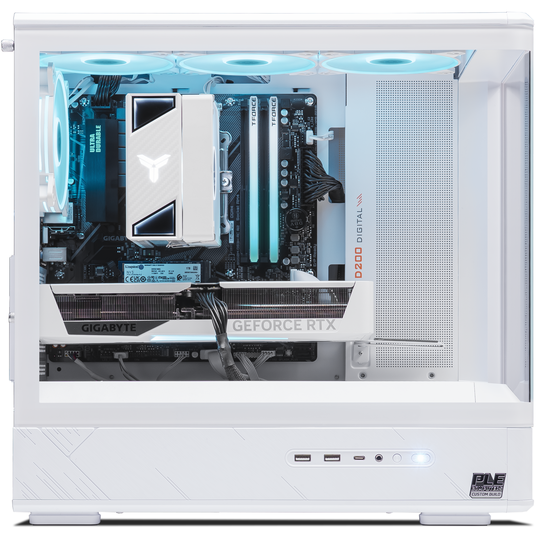 A large main feature product image of PLE Mint RTX 5070 Prebuilt Ready To Go Gaming PC