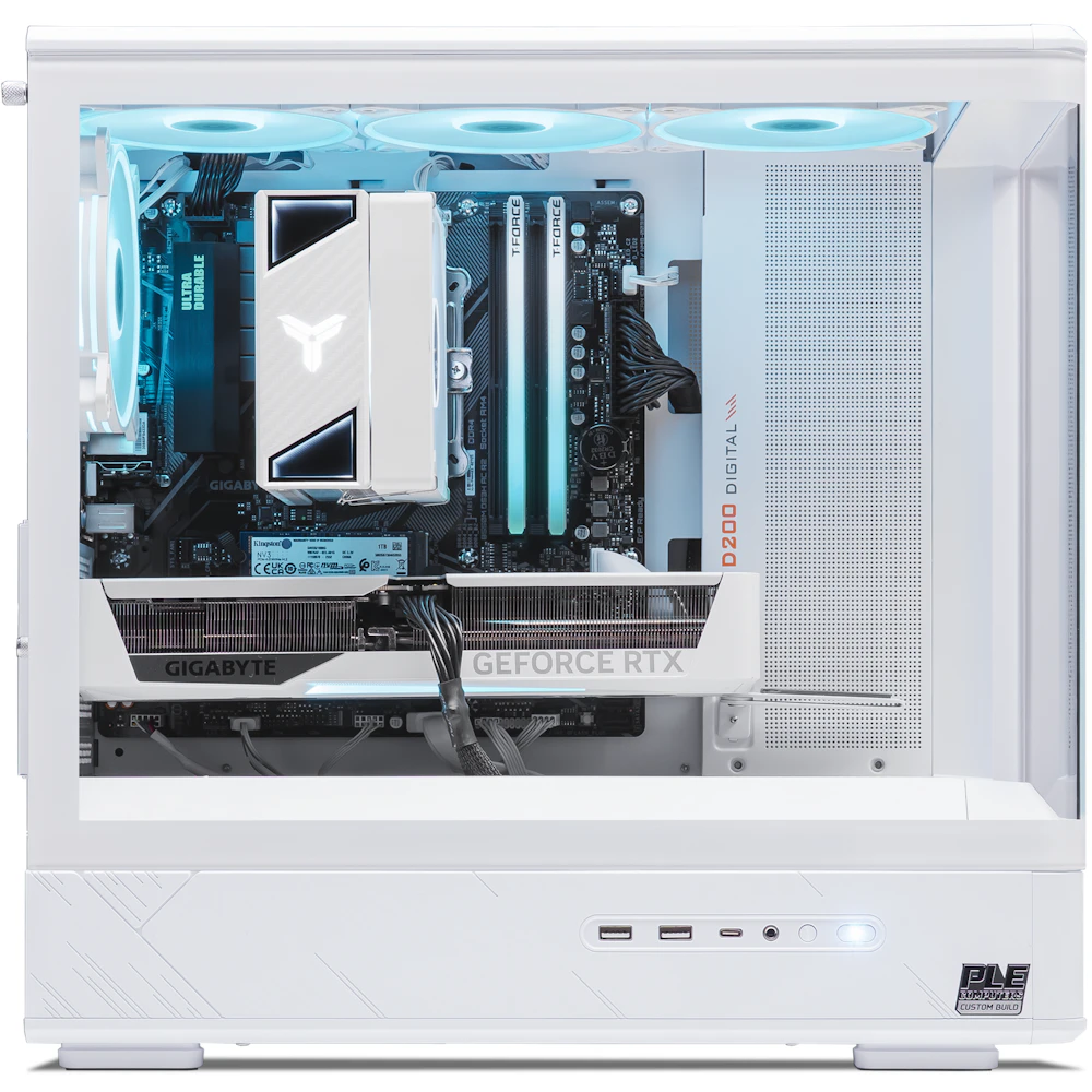 A large main feature product image of PLE Mint RTX 5070 Prebuilt Ready To Go Gaming PC