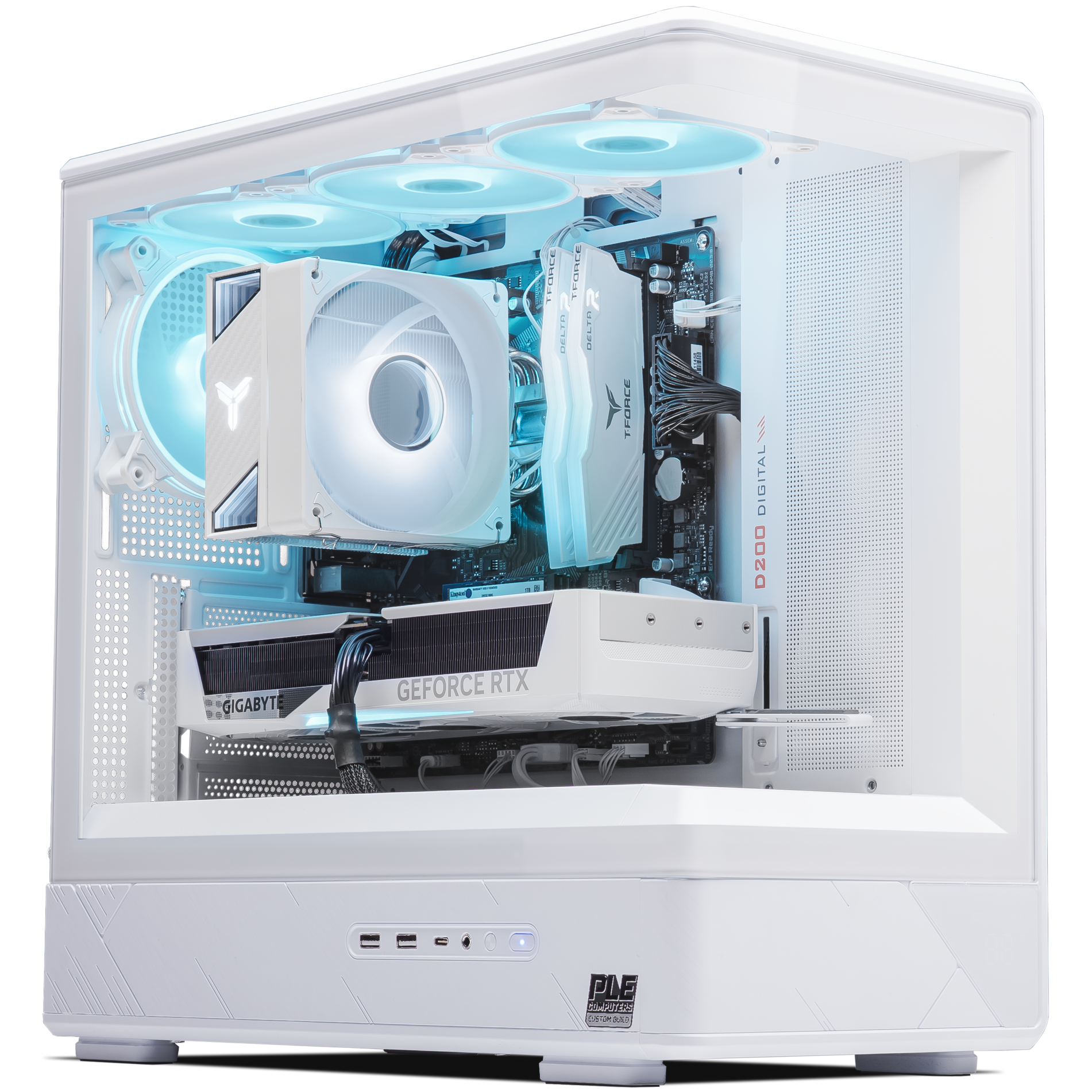 A large main feature product image of PLE Mint RTX 5070 Prebuilt Ready To Go Gaming PC