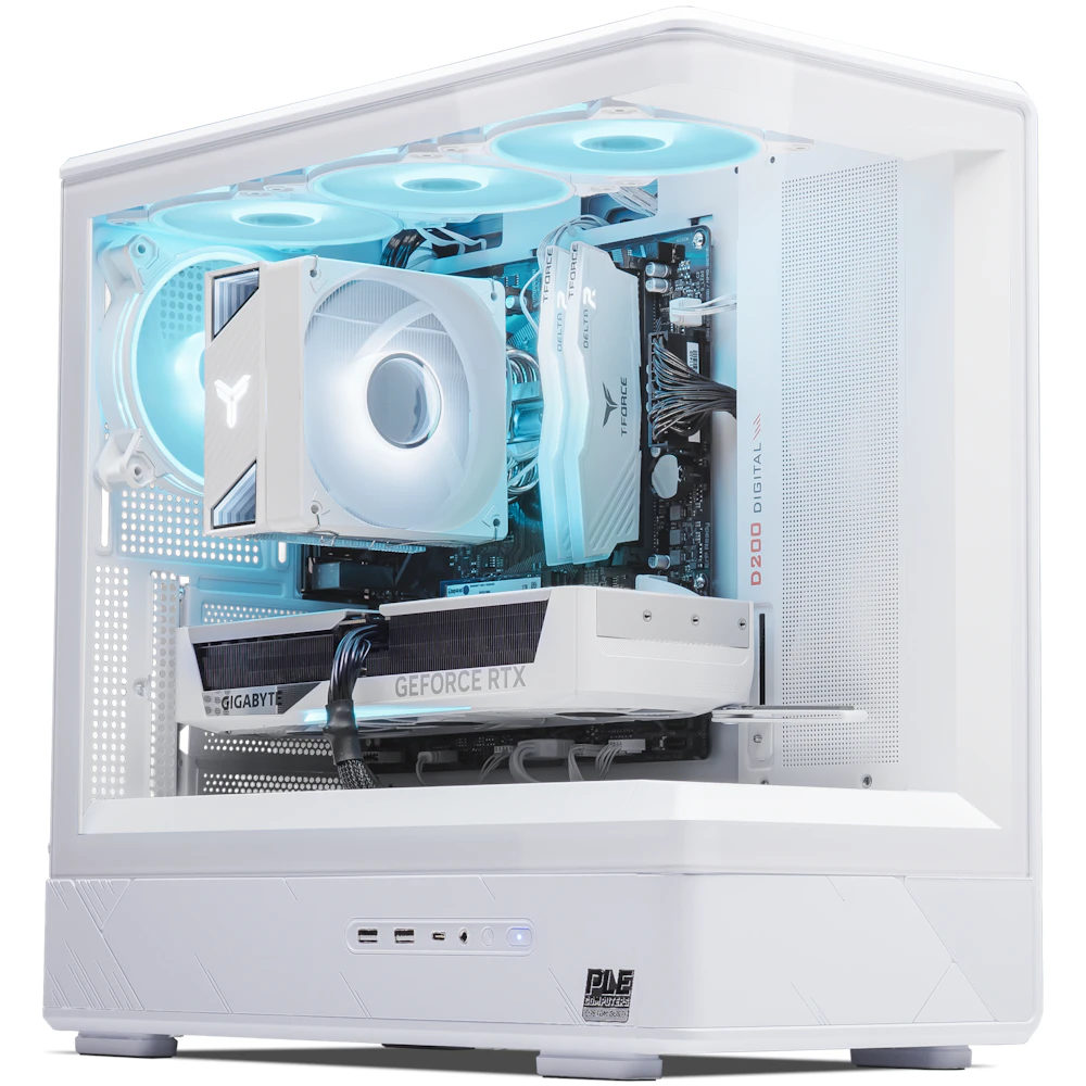 A large main feature product image of PLE Mint RTX 5070 Prebuilt Ready To Go Gaming PC