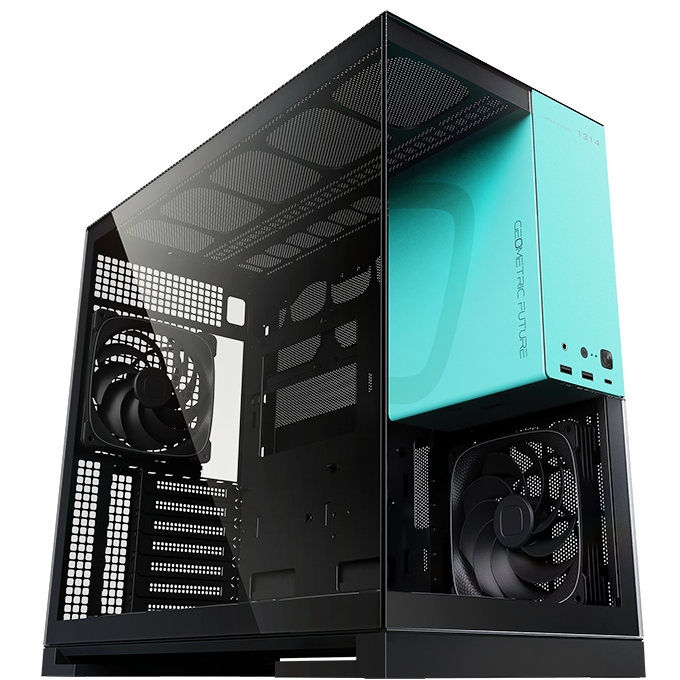 A large main feature product image of Geometric Future Model 5 - Mid Tower Glass Case (Black/Azure)