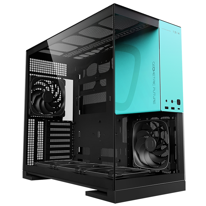 A large main feature product image of Geometric Future Model 5 - Mid Tower Glass Case (Black/Azure)
