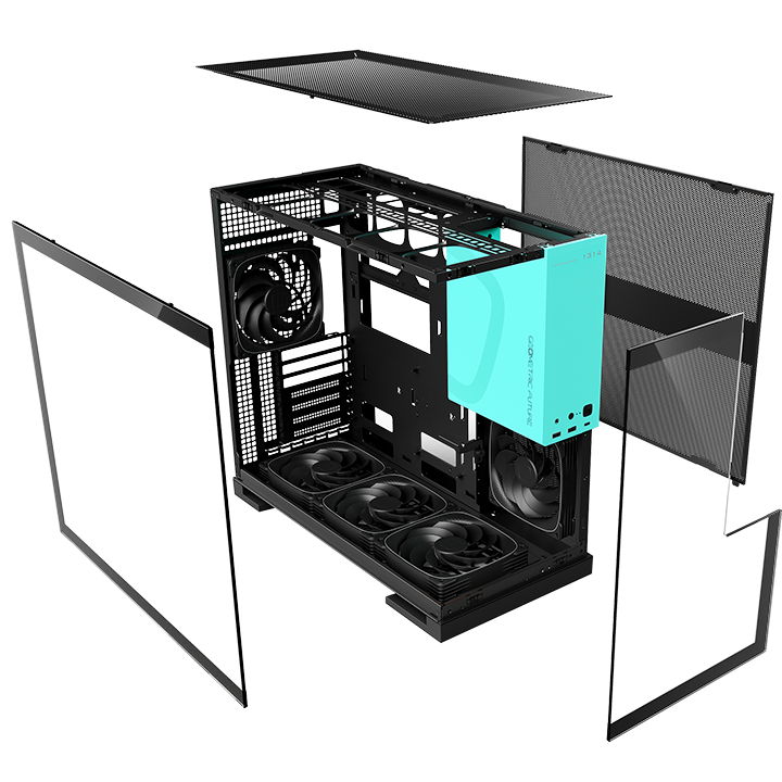 A large main feature product image of Geometric Future Model 5 - Mid Tower Glass Case (Black/Azure)