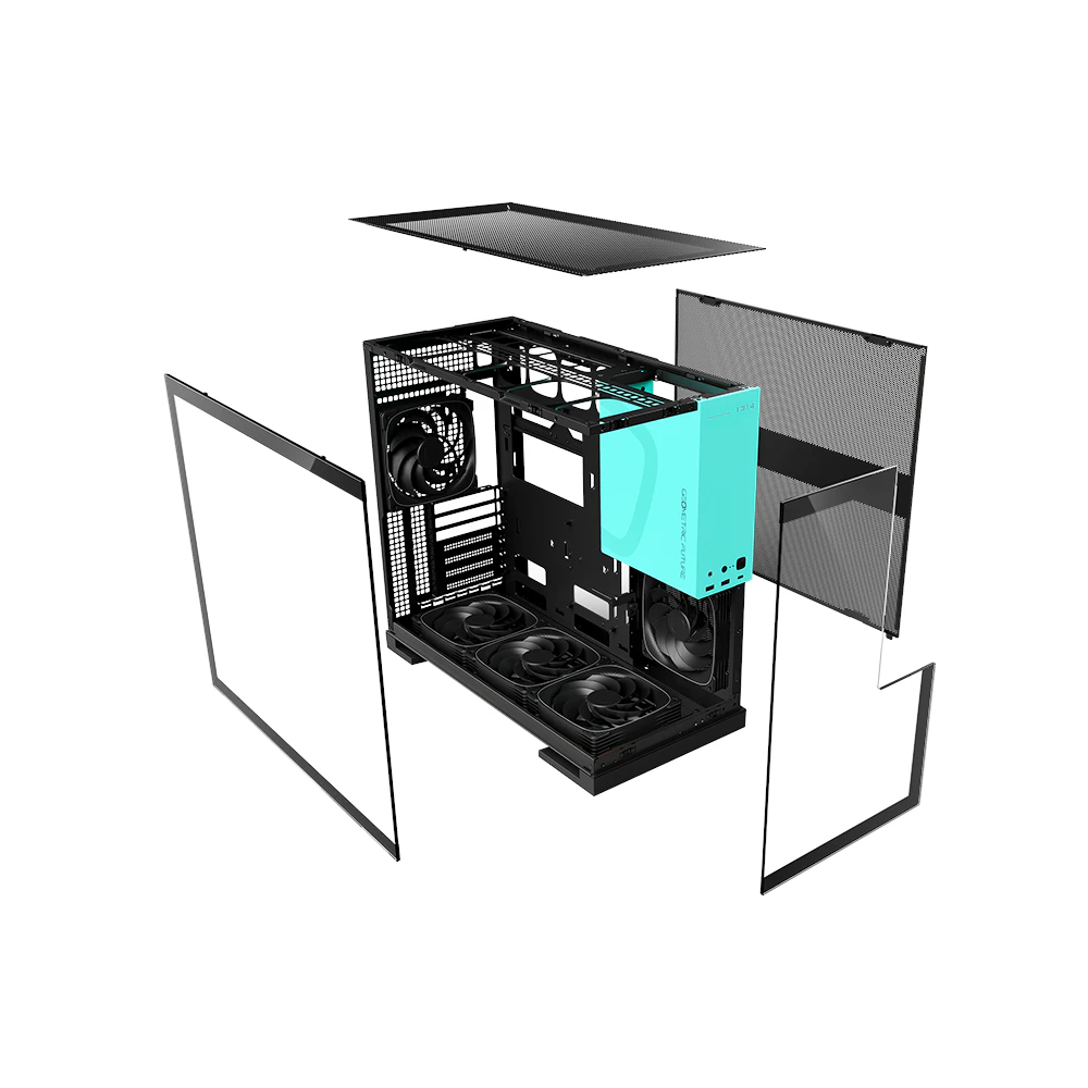 A large main feature product image of Geometric Future Model 5 - Mid Tower Glass Case (Black/Azure)