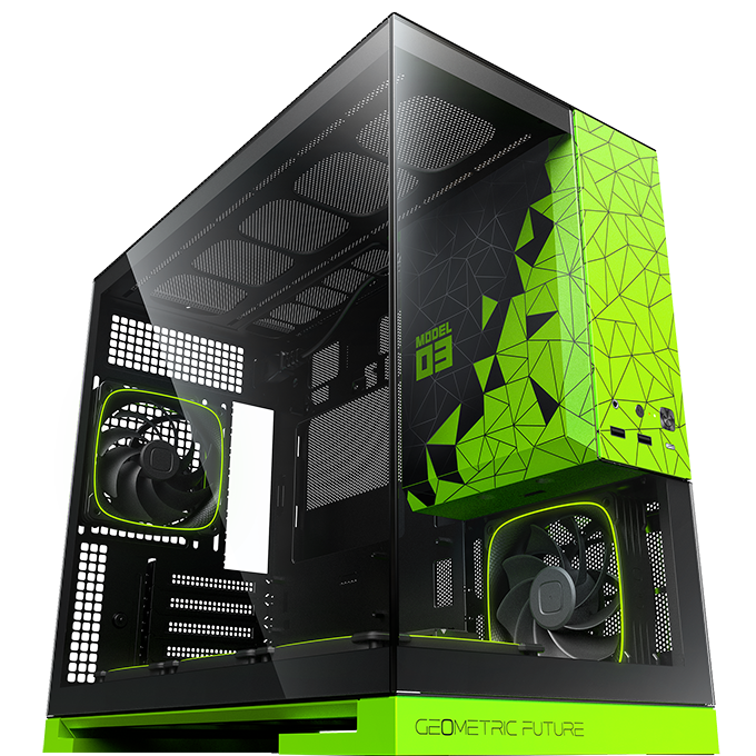 A large main feature product image of Geometric Future Model 3 - Micro Tower Glass Case (Black/Green)