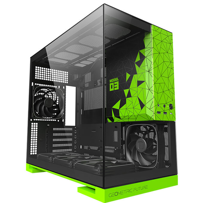 A large main feature product image of Geometric Future Model 3 - Micro Tower Glass Case (Black/Green)