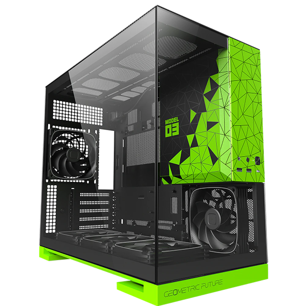 A large main feature product image of Geometric Future Model 3 - Micro Tower Glass Case (Black/Green)