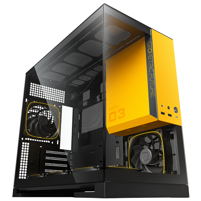 A large main feature product image of Geometric Future Model 3 - Micro Tower Glass Case (Black/Yellow)