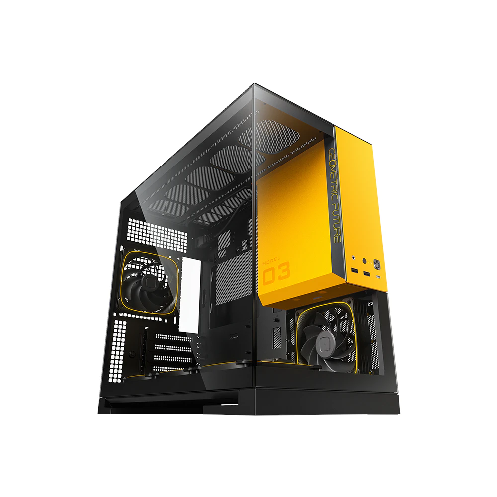 A large main feature product image of Geometric Future Model 3 - Micro Tower Glass Case (Black/Yellow)