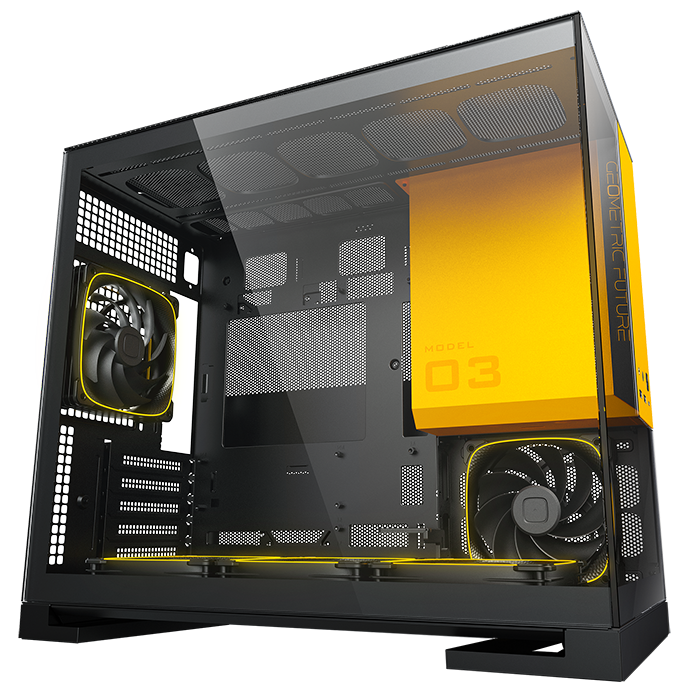 A large main feature product image of Geometric Future Model 3 - Micro Tower Glass Case (Black/Yellow)